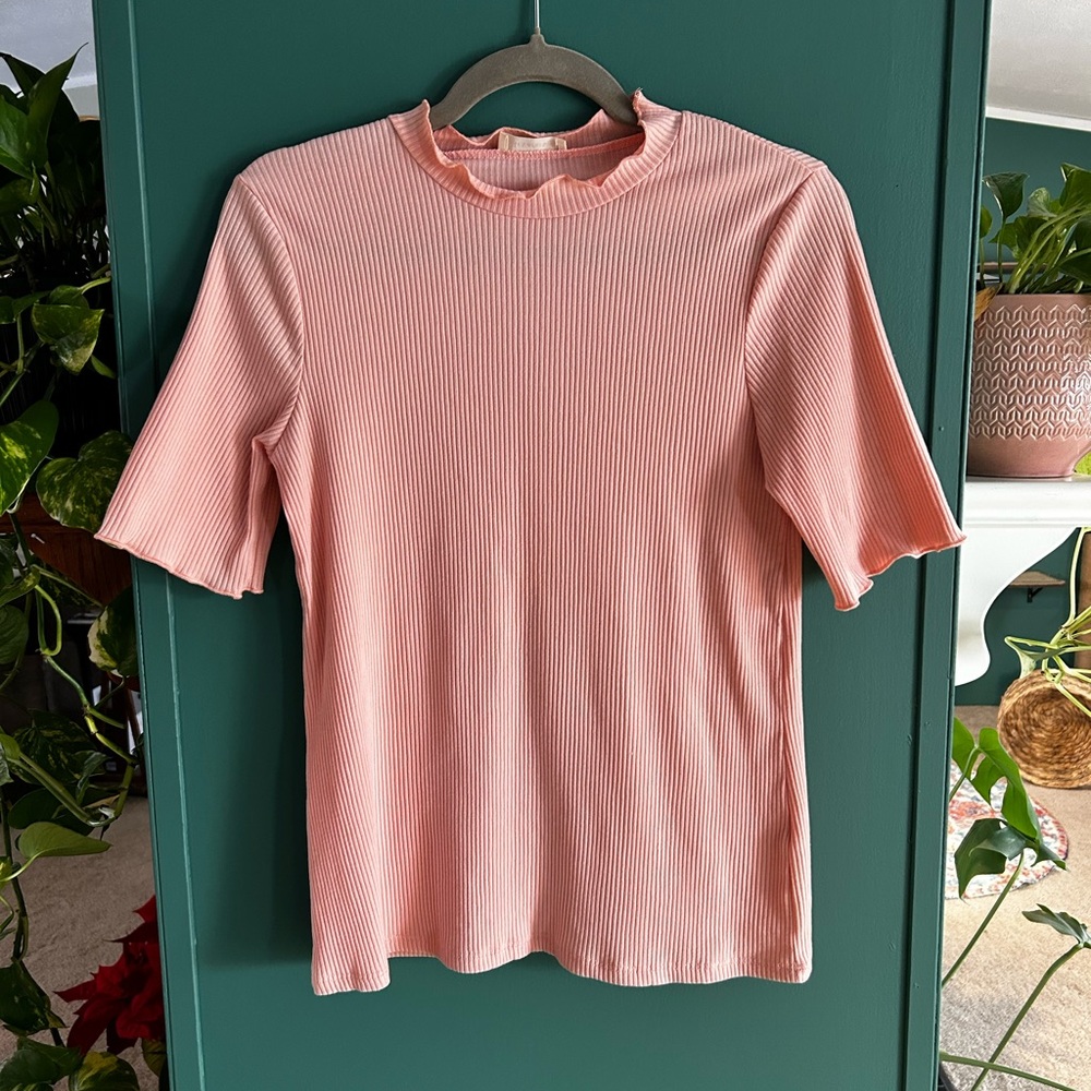 Les Amis Light Pink Ribbed Mock Neck Top